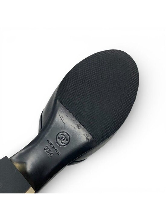 Chanel Sandals Shoes Leather Black Gold CC Logo Ribbon Mule